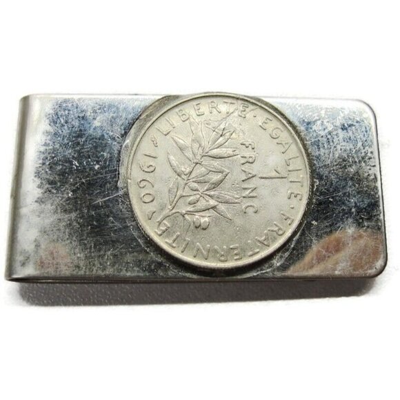1960 One Franc Coin Money Clip Stainless Steel Wallet Credit Card Cash ID Holder - Picture 2 of 8